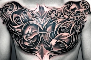 Sketch a chest tattoo. In the middle there is a Cerberus with 3 heads, the central one looks forward, the sharp ones are slightly to the sides. From the bottom of the heads should be bloodied roses. tattoo idea
