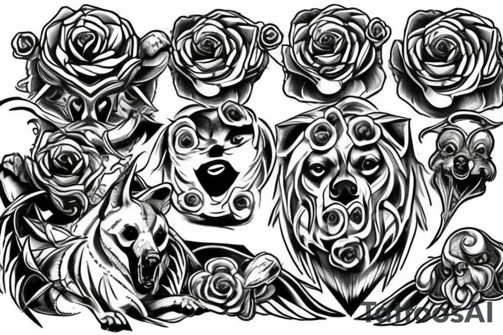Sketch a chest tattoo. In the middle there is a Cerberus with 3 heads, the central one looks forward, the sharp ones are slightly to the sides. From the bottom of the heads should be bloodied roses. tattoo idea