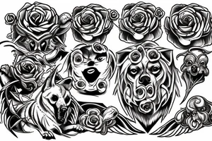 Sketch a chest tattoo. In the middle there is a Cerberus with 3 heads, the central one looks forward, the sharp ones are slightly to the sides. From the bottom of the heads should be bloodied roses. tattoo idea