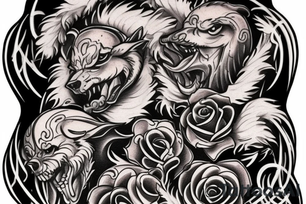 Sketch a chest tattoo. In the middle there is a Cerberus with 3 heads, the central one looks forward, the sharp ones are slightly to the sides. From the bottom of the heads should be bloodied roses. tattoo idea