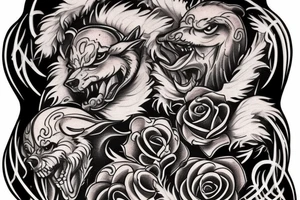 Sketch a chest tattoo. In the middle there is a Cerberus with 3 heads, the central one looks forward, the sharp ones are slightly to the sides. From the bottom of the heads should be bloodied roses. tattoo idea