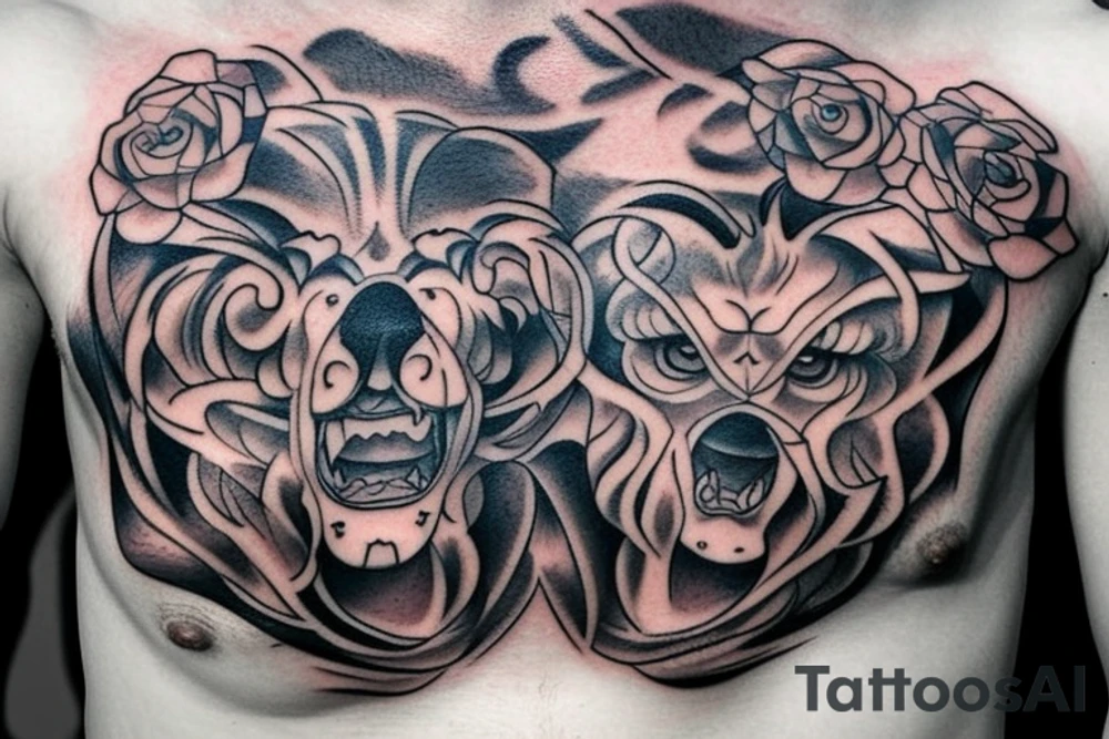 Sketch a chest tattoo. In the middle there is a Cerberus with 3 heads, the central one looks forward, the sharp ones are slightly to the sides. From the bottom of the heads should be bloodied roses. tattoo idea