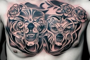 Sketch a chest tattoo. In the middle there is a Cerberus with 3 heads, the central one looks forward, the sharp ones are slightly to the sides. From the bottom of the heads should be bloodied roses. tattoo idea