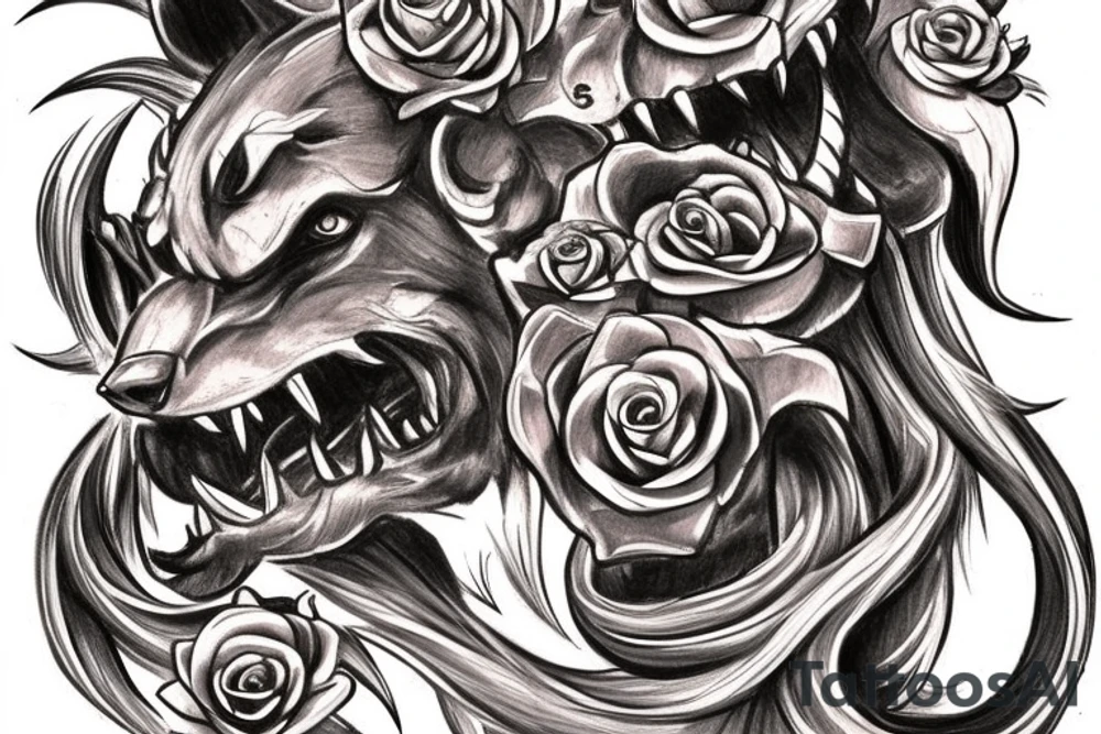 Sketch a chest tattoo. In the middle there is a Cerberus with 3 heads, the central one looks forward, the sharp ones are slightly to the sides. From the bottom of the heads should be bloodied roses. tattoo idea