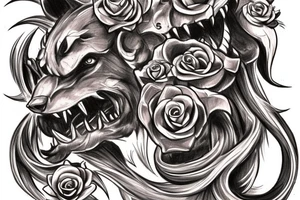 Sketch a chest tattoo. In the middle there is a Cerberus with 3 heads, the central one looks forward, the sharp ones are slightly to the sides. From the bottom of the heads should be bloodied roses. tattoo idea