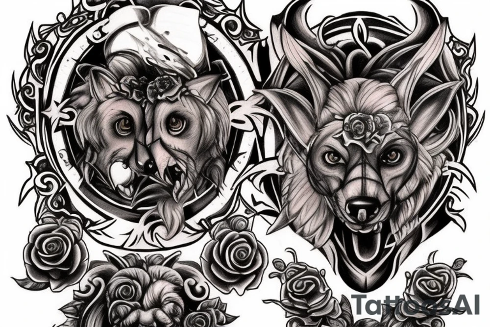 Sketch a chest tattoo. In the middle there is a Cerberus with 3 heads, the central one looks forward, the sharp ones are slightly to the sides. From the bottom of the heads should be bloodied roses. tattoo idea