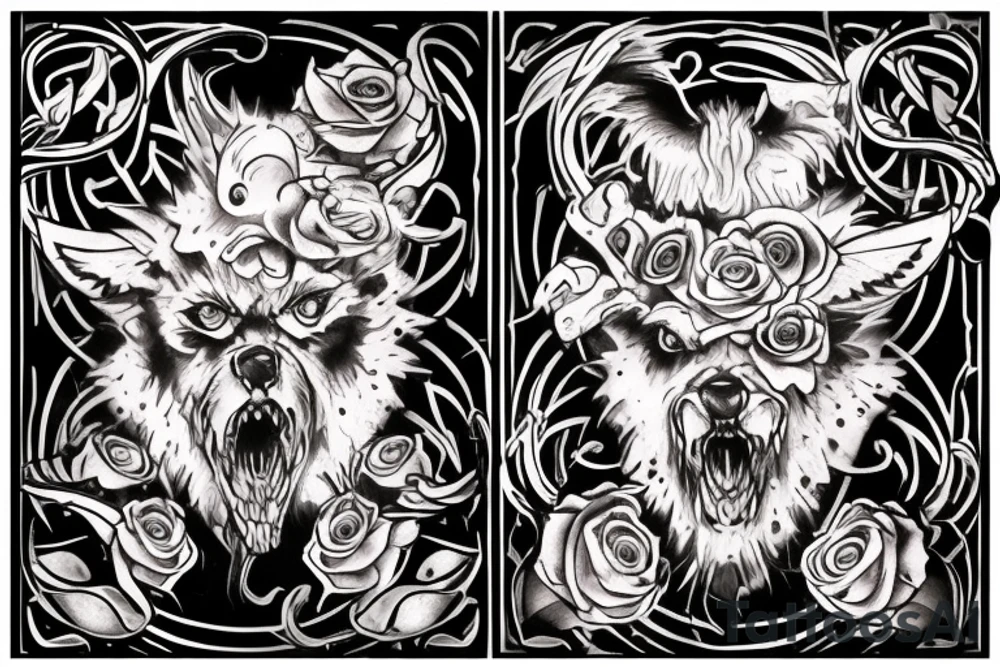 Sketch a chest tattoo. In the middle there is a Cerberus with 3 heads, the central one looks forward, the sharp ones are slightly to the sides. From the bottom of the heads should be bloodied roses. tattoo idea