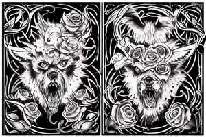 Sketch a chest tattoo. In the middle there is a Cerberus with 3 heads, the central one looks forward, the sharp ones are slightly to the sides. From the bottom of the heads should be bloodied roses. tattoo idea