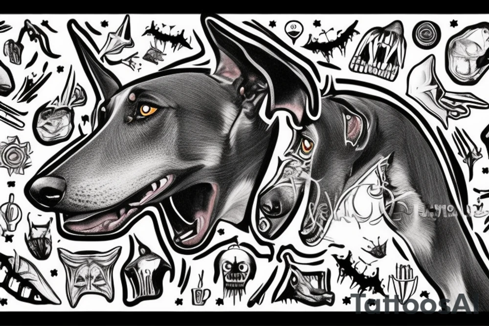 scary doberman looks straight and you can see the fangs tattoo idea