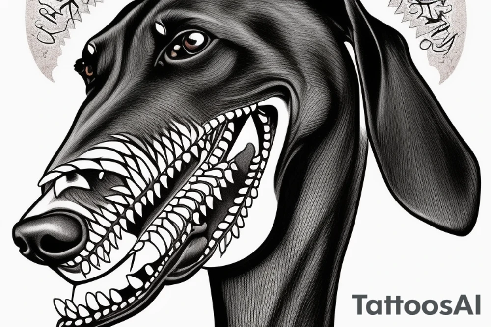 scary doberman looks straight and you can see the fangs tattoo idea