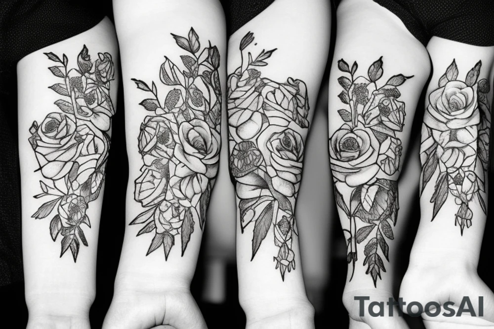 three roses, three stargazer lilies, and three hops flowers with hops leaves tattoo idea