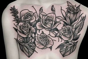 three roses, three stargazer lilies, and three hops flowers with hops leaves tattoo idea