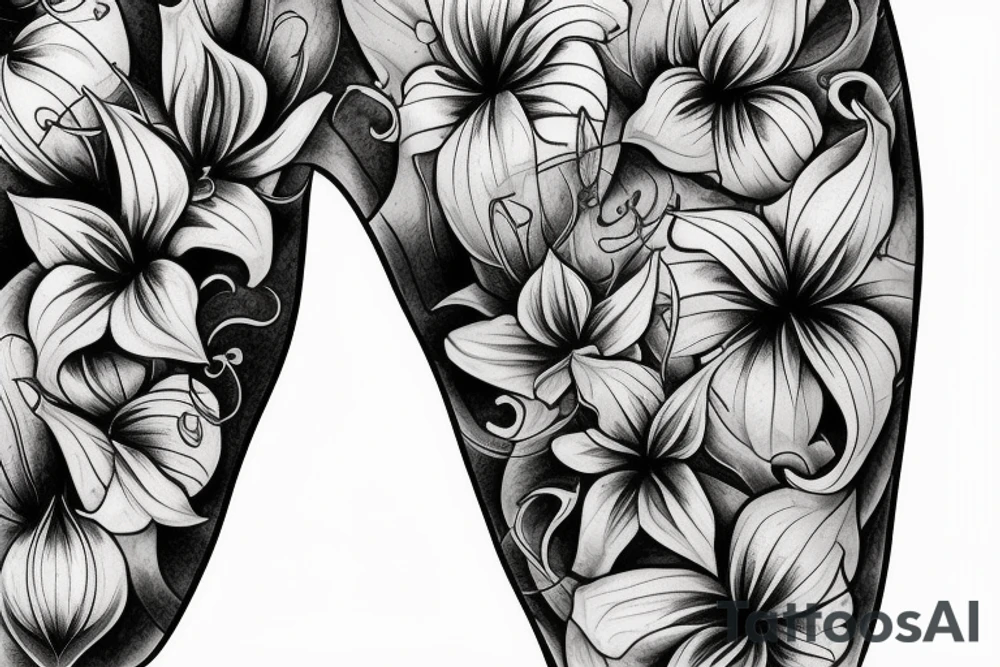 three roses, three stargazer lilies, and three large hops flowers, hops leaves, large thigh tattoo tattoo idea