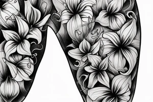 three roses, three stargazer lilies, and three large hops flowers, hops leaves, large thigh tattoo tattoo idea