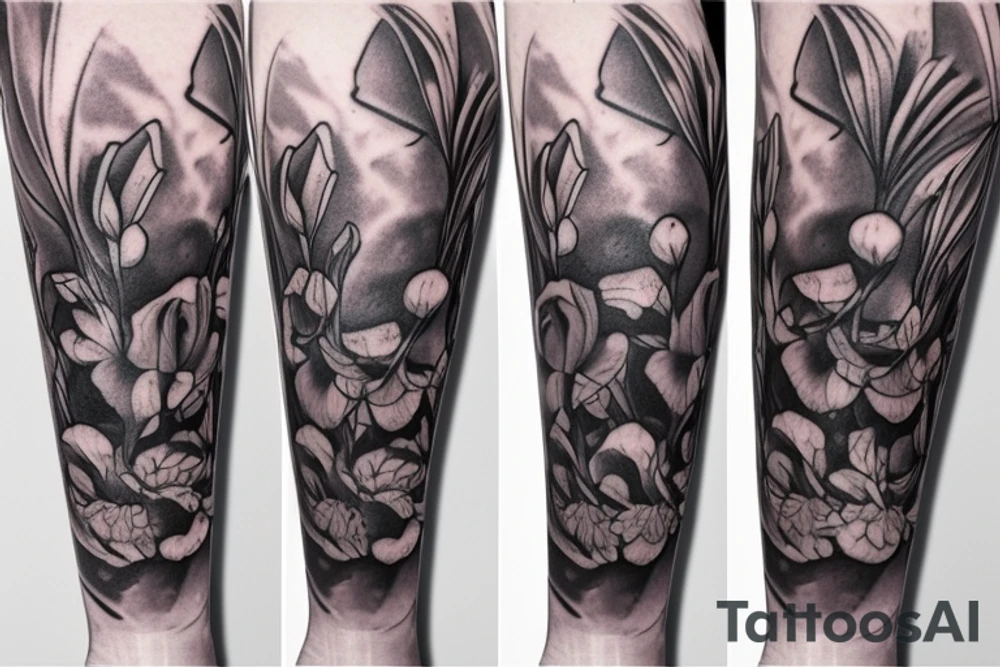 three roses, three stargazer lilies, and three large hops flowers, hops leaves, large thigh tattoo tattoo idea