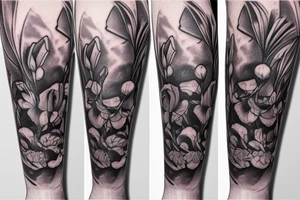 three roses, three stargazer lilies, and three large hops flowers, hops leaves, large thigh tattoo tattoo idea