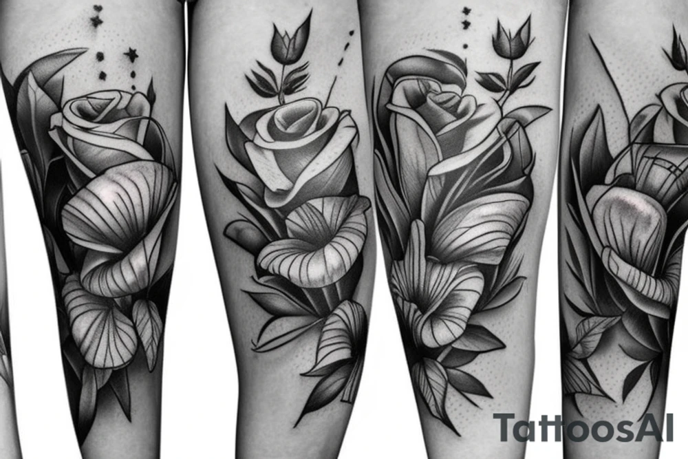 three roses, three stargazer lilies, and three large hops flowers, hops leaves, large thigh tattoo tattoo idea