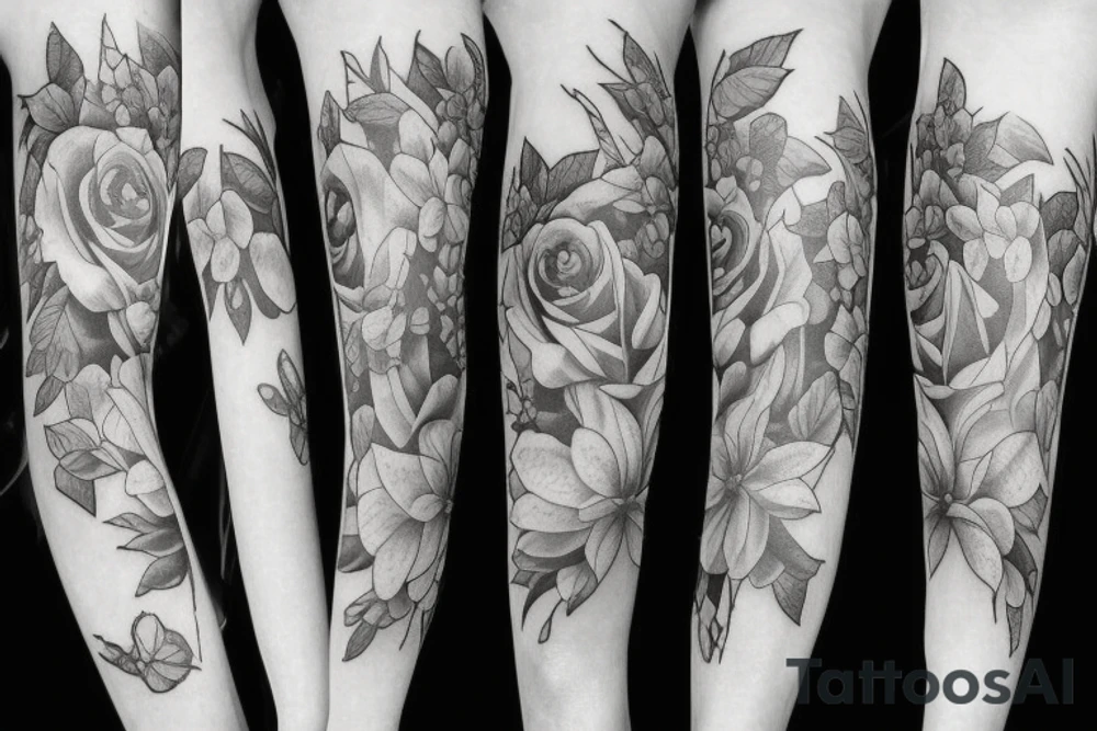 roses, stargazer lilies, and large hops flowers, hops leaves, large thigh tattoo tattoo idea