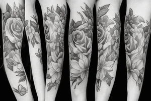 roses, stargazer lilies, and large hops flowers, hops leaves, large thigh tattoo tattoo idea
