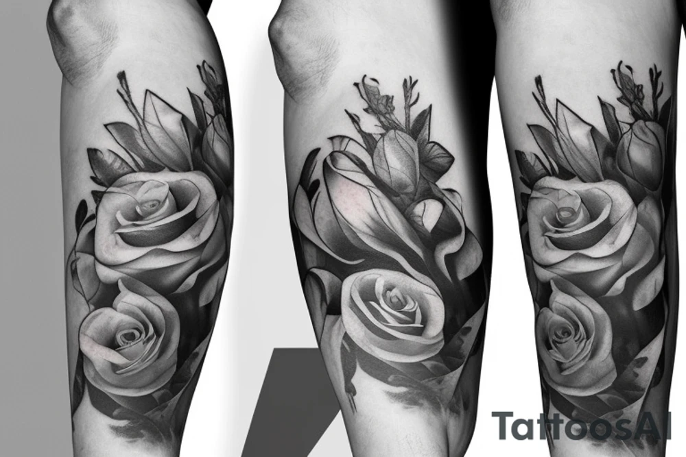roses, stargazer lilies, and large hops flowers, hops leaves, large thigh tattoo tattoo idea
