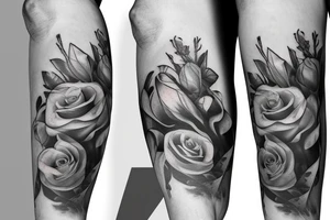 roses, stargazer lilies, and large hops flowers, hops leaves, large thigh tattoo tattoo idea