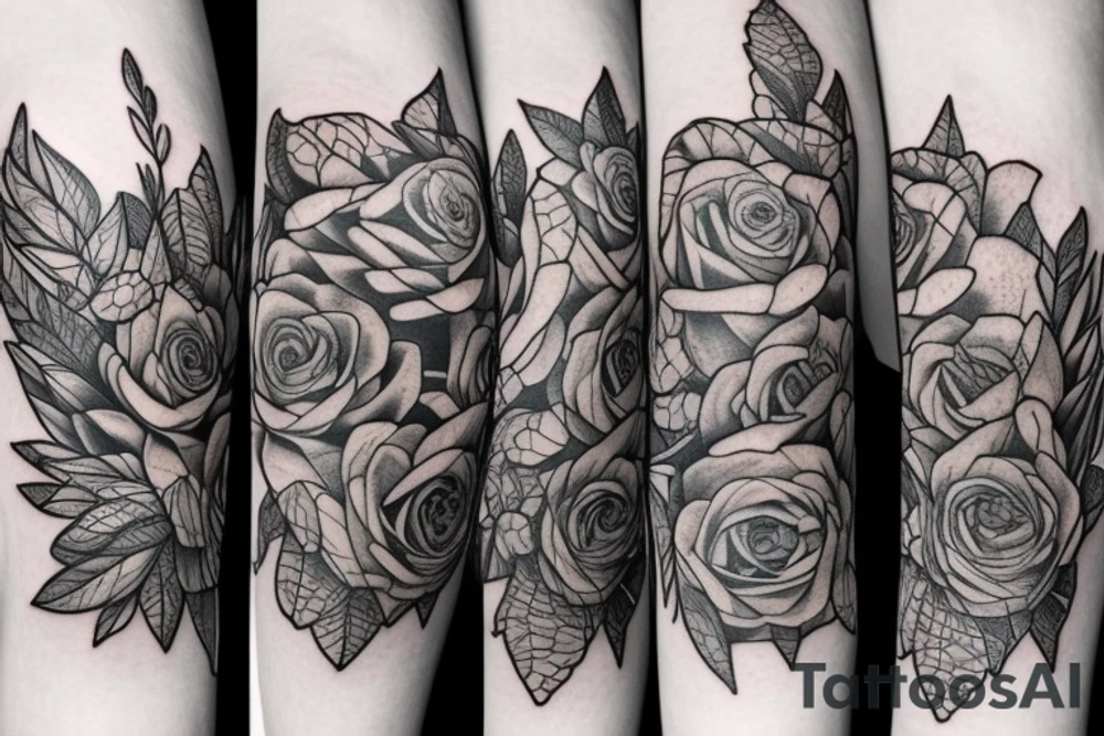 roses, stargazer lilies, and large hops flowers, hops leaves, large thigh tattoo tattoo idea