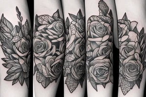 roses, stargazer lilies, and large hops flowers, hops leaves, large thigh tattoo tattoo idea
