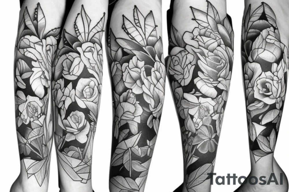 roses, stargazer lilies, and large hops flowers, hops leaves, large thigh tattoo tattoo idea