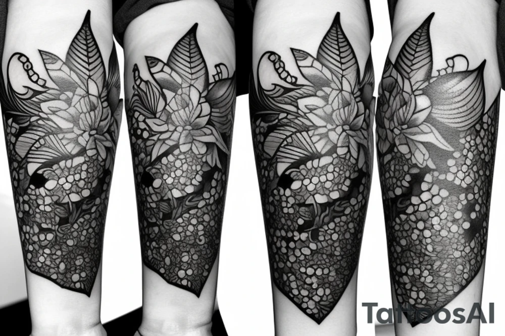 large tattoo including roses, stargazer lilies, and large hops flowers, hops leaves tattoo idea