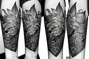 large tattoo including roses, stargazer lilies, and large hops flowers, hops leaves tattoo idea