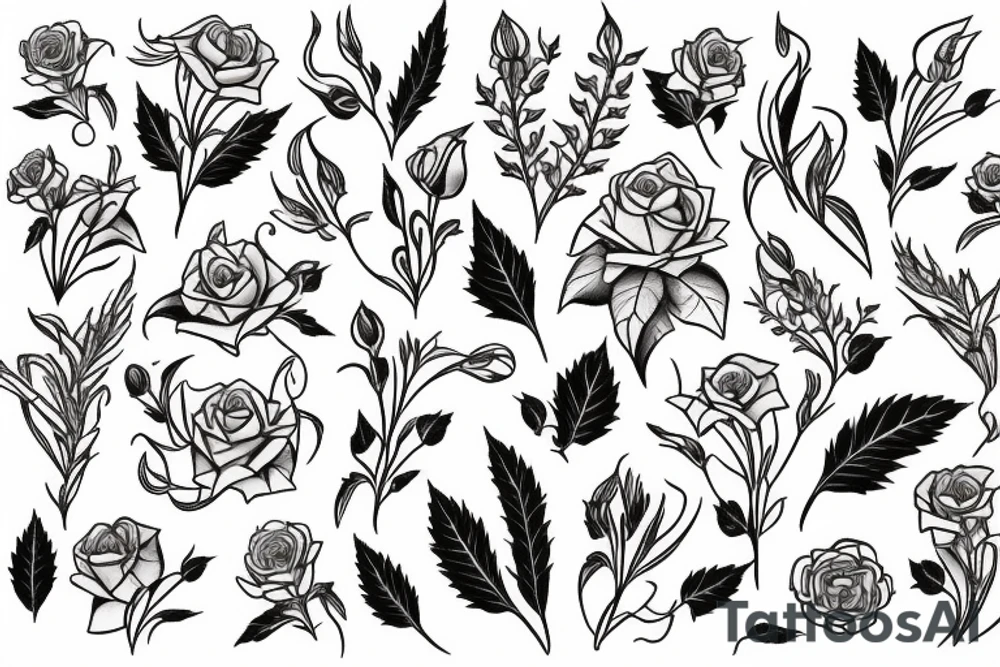 large tattoo including roses, stargazer lilies, and large hops flowers, hops leaves tattoo idea