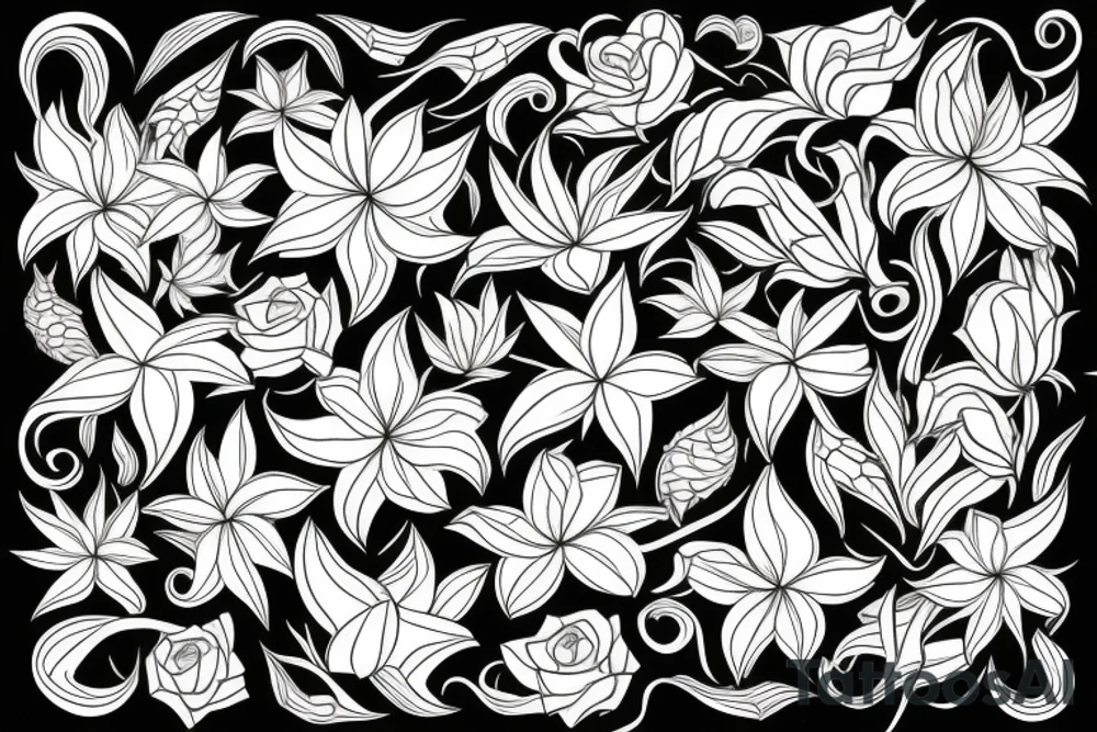large tattoo including stargazer lilies, and large hops flowers, hops leaves, and roses tattoo idea