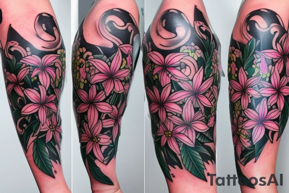 large tattoo including stargazer lilies, and large hops flowers, hops leaves, and roses tattoo idea