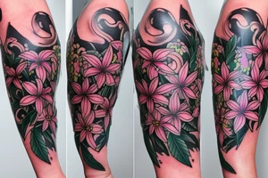 large tattoo including stargazer lilies, and large hops flowers, hops leaves, and roses tattoo idea