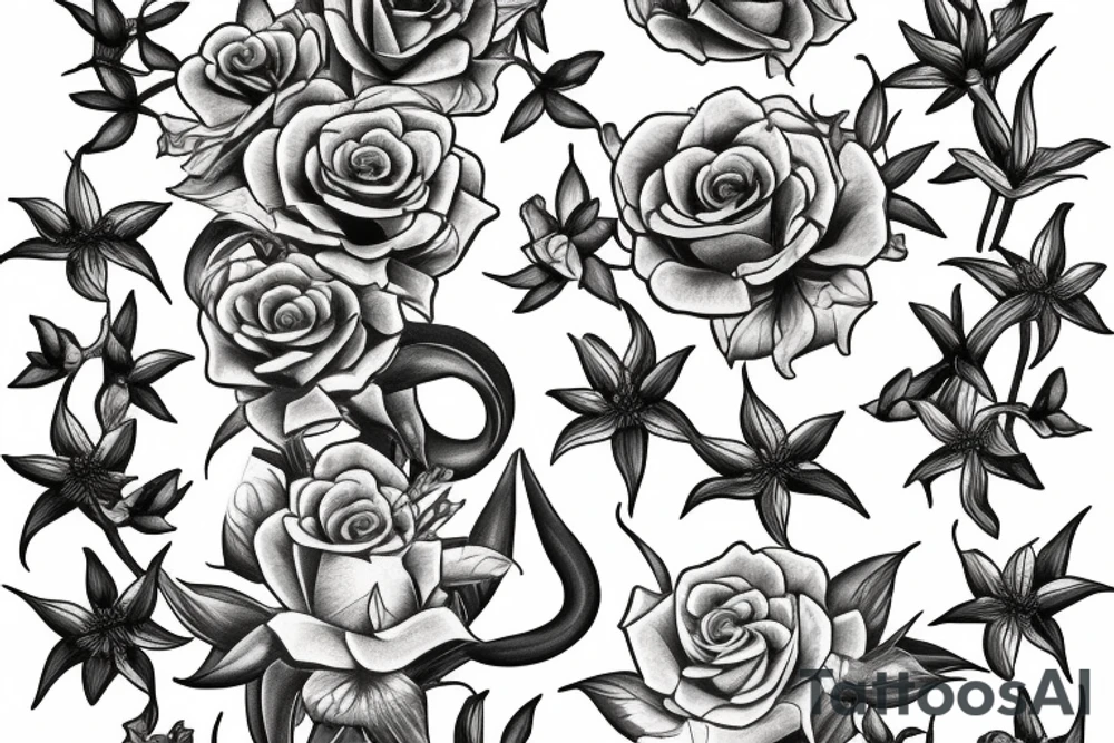large tattoo including stargazer lilies, and large hops flowers, hops leaves, and roses tattoo idea