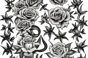 large tattoo including stargazer lilies, and large hops flowers, hops leaves, and roses tattoo idea