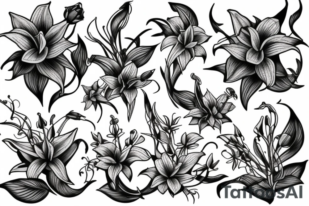 large tattoo including stargazer lilies, and large hops flowers, hops leaves, and roses tattoo idea