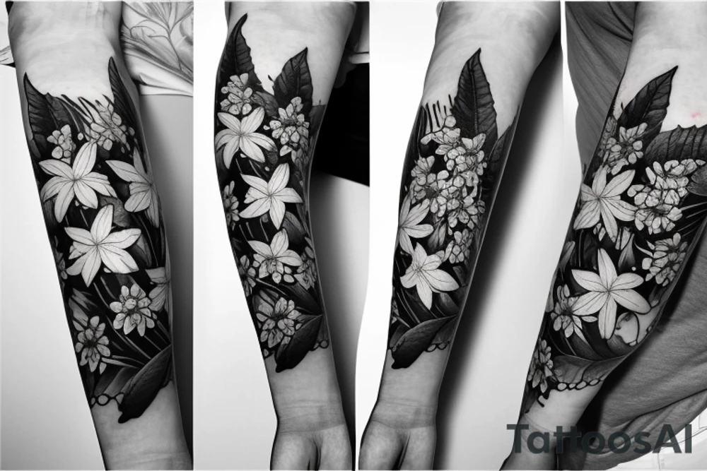 large tattoo including stargazer lilies, and large hops flowers, hops leaves, and roses tattoo idea