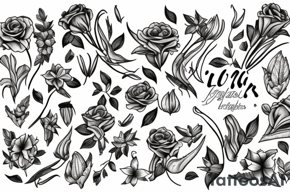 large tattoo including stargazer lilies, hops flowers, hops leaves, and roses tattoo idea
