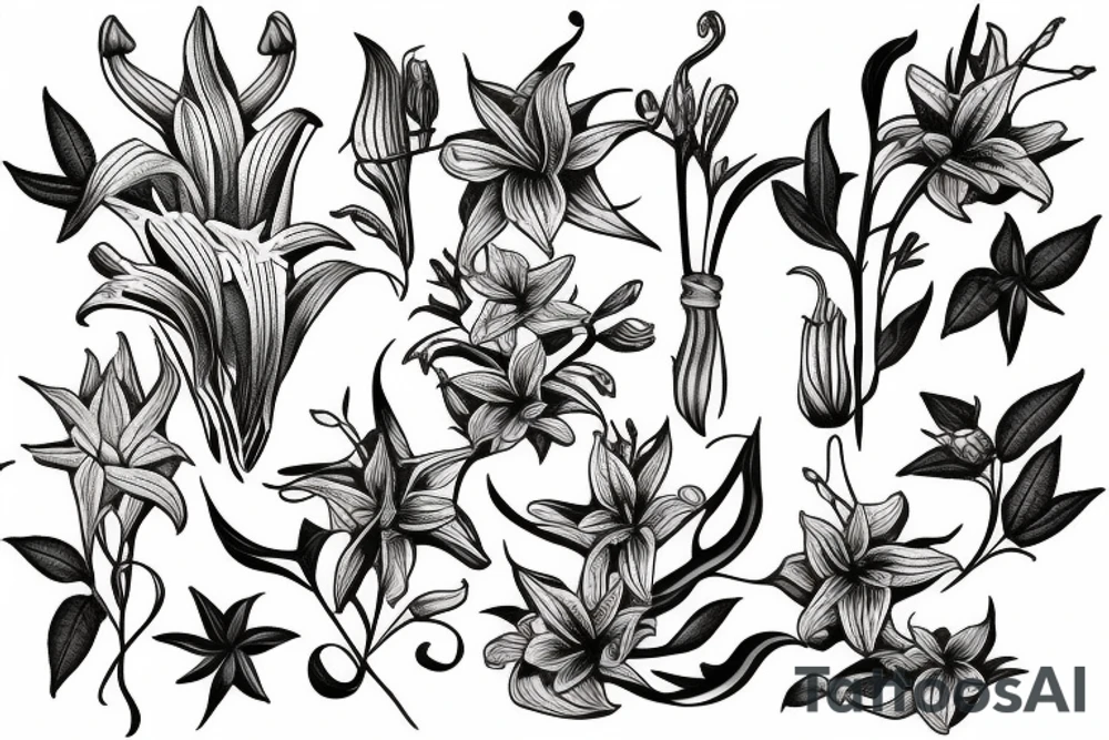 large tattoo including stargazer lilies, hops flowers, hops leaves, and roses tattoo idea