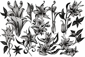 large tattoo including stargazer lilies, hops flowers, hops leaves, and roses tattoo idea