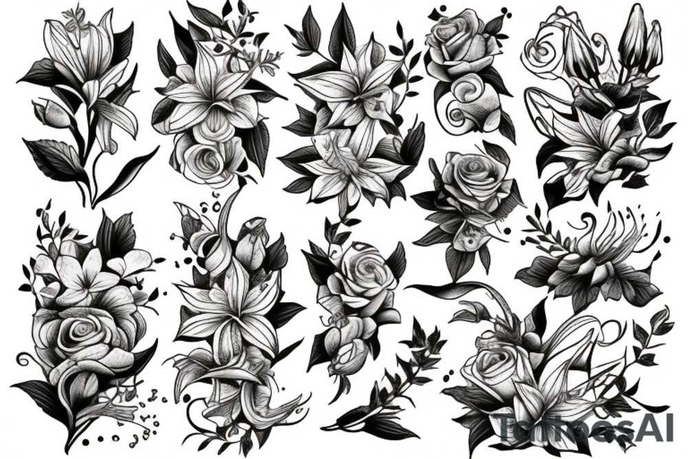 large tattoo including stargazer lilies, hops beer, and roses tattoo idea