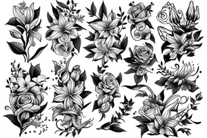 large tattoo including stargazer lilies, hops beer, and roses tattoo idea