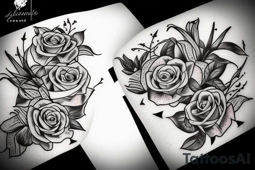 large tattoo including stargazer lilies, hops beer, and roses tattoo idea