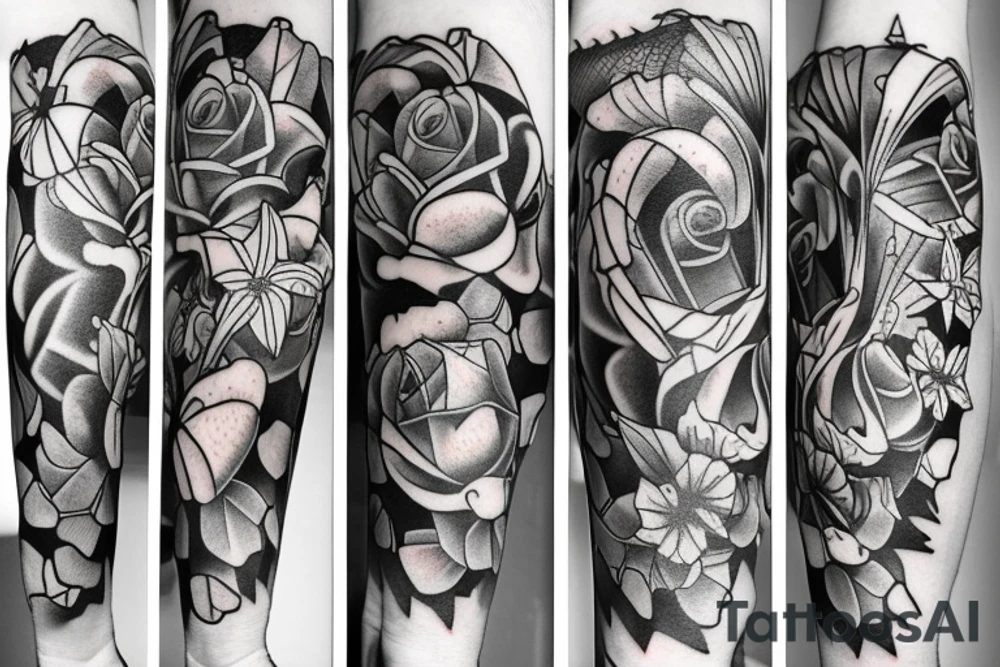large tattoo including stargazer lilies, hops beer, and roses tattoo idea
