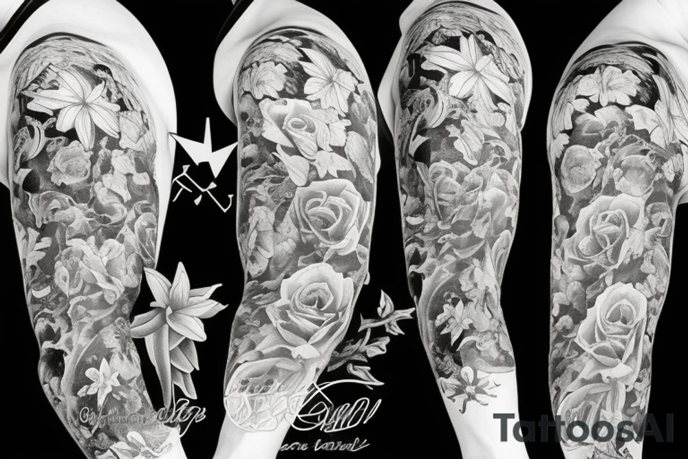 large tattoo including stargazer lilies, hops beer, and roses tattoo idea