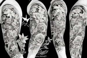 large tattoo including stargazer lilies, hops beer, and roses tattoo idea