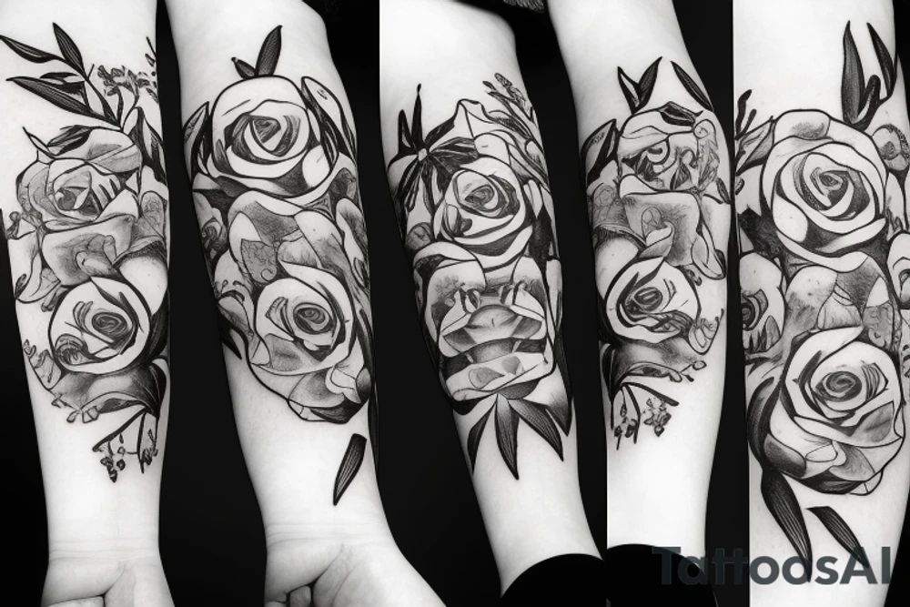 3 roses and 3 stargazer lilies on the thigh tattoo idea