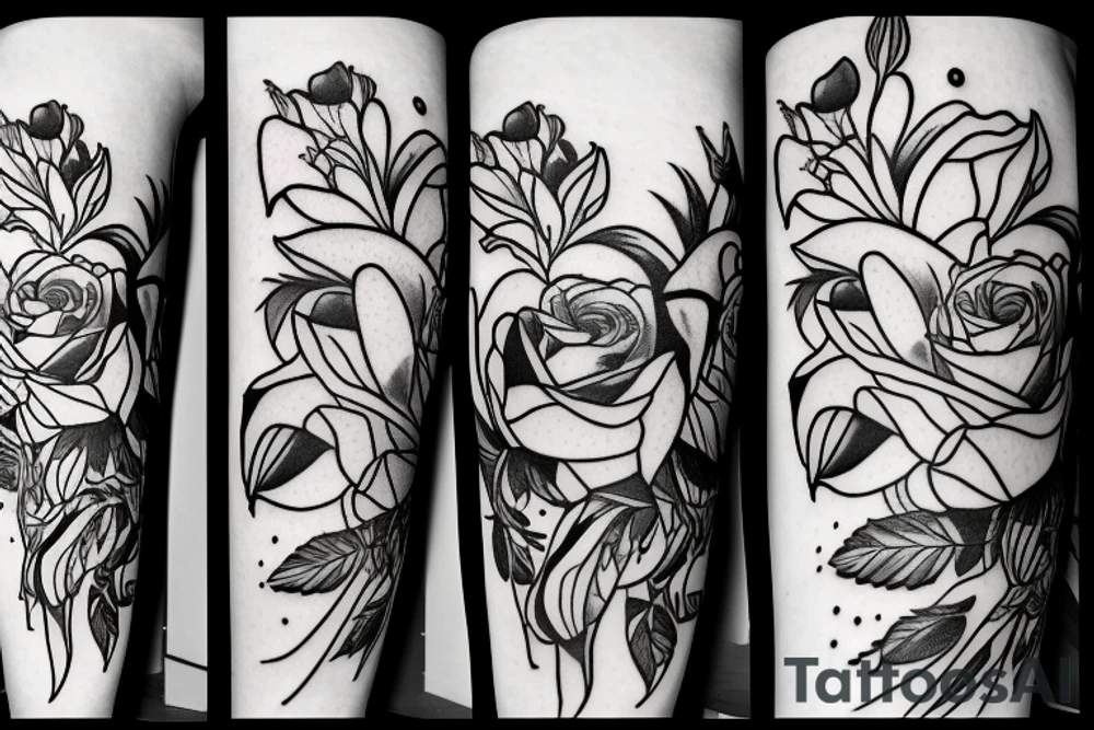 3 roses and 3 stargazer lilies on the thigh tattoo idea