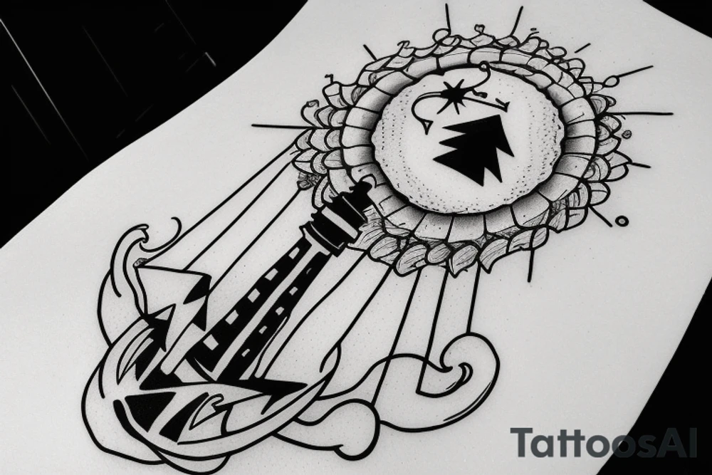 A Lighthouse in the clouds with an anchor by the front door. tattoo idea